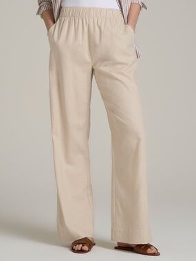 American Tall Pull On Wide Leg Linen Pants for Tall Women in Light Stone Size MM